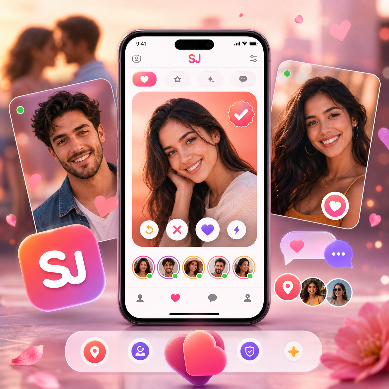 SJ dating app profile cards and match preview